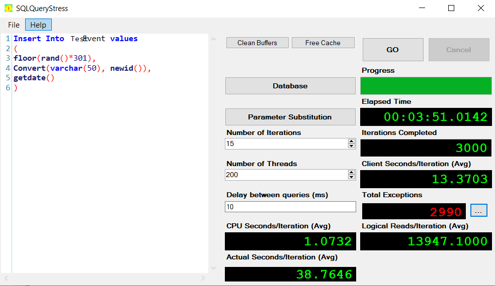 SQLQueryStress UI showing bad performance and exceptions for 2990 of 3000 iterations.